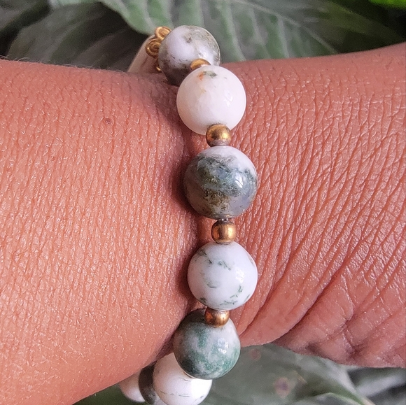 Moss Agate and stone cross stretch bracelet. Vintage - Picture 3 of 6